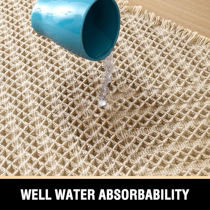 H.VERSAILTEX Waffle Bath Mat Super Absorbent Boho Bath Mat Non Slip Bath Rugs for Bathroom Floor Machine Washable Dry Fast Bathroom Rugs with Tassels (17 x 24 Plus 17 x 24 Inches, Sand)