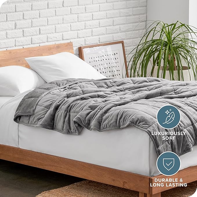 Bare Home Weighted Blanket Full or Queen Size 15lb (48"x72") for Adults - Minky Fleece - Premium Heavy Blanket Nontoxic Glass Beads (Light Grey, 48"x72")