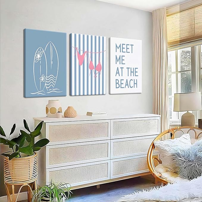 Coastal Beach Surfing Wall Art Set of 3, Preppy Bikini Shells Canvas Wall Decor Paintings, Blue Summer Meet Me at the Beach Posters Prints Pictures for Girly Dorm Bedroom Bathroom 16x24 Inch Framed