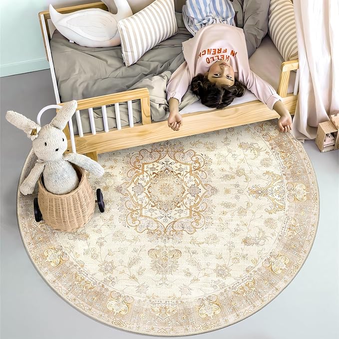 Beige Round Rug 4ft,Circle Washable Area Rugs for Bedroom Bathroom Entryway Kitchen,Small Boho Vintage Bohemian Distressed Oriental Floral Carpet Non Slip,Retro Gold Floral