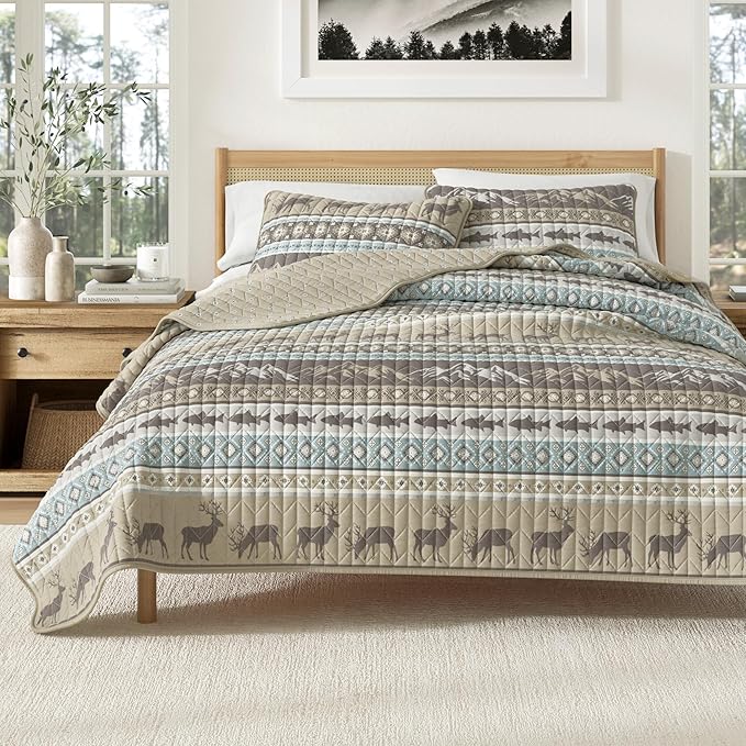 Great Bay Home 3-Piece Reversible Rustic Lodge Bedspread Quilt with 2 Shams. All-Season Quilt Set. (Full/Queen, Yosemite)
