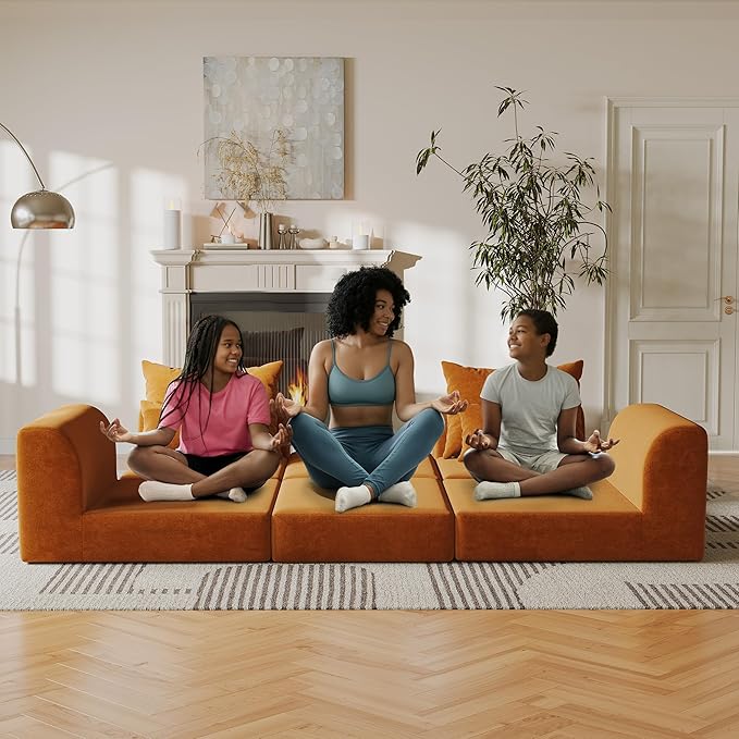 Modular loveseat with Ottoman, L-Shape Boneless Couch, Customizable Sectional Couch, Free Combination Design Sleeper Sofa, Clay Ember