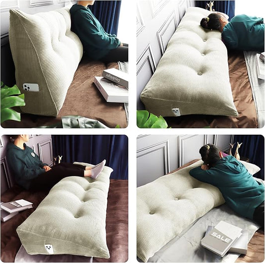 WOWMAX 100% Cotton Corduroy Headboard Pillow – Full Size Back Support Reading Wedge for Bed & Daybed, Plush Handmade Bolster Cushion with Removable Cover, Cozy Bed Rest Pillow, White