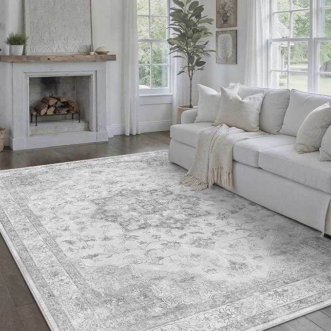 Grey Gray Area Rug 6x9 Washable Vintage Carpet for Living Room Bedroom Large Soft Retro Low Pile Thin Indoor Rug Non Slip Oriental Medallion Floor Cover for Dining Room Office