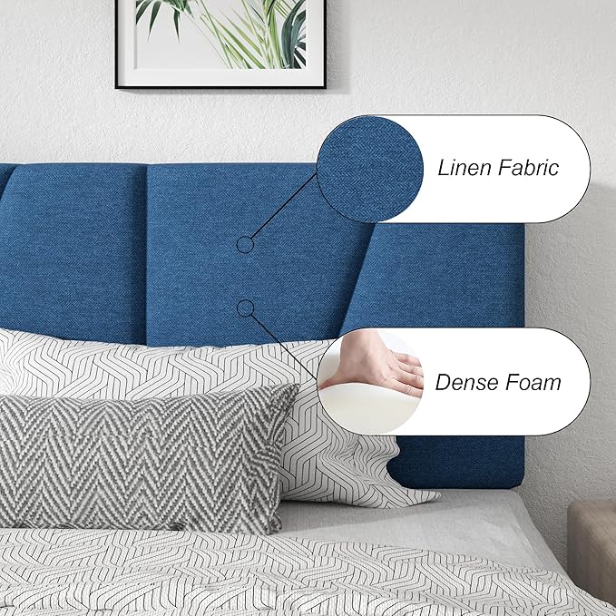Full Size Platform Bed Frame with Geometric Upholstered Headboard, Noise Free, Wooden Slats Support, No Box Spring Needed, Easy Assembly, Blue, Linen