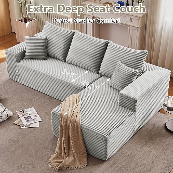 107" Cloud Sectional Couch with L-Shape Chaise, Modern Modular Comfy Sofa Chaise Longue, Upholstered Corduroy Couches Sleeper with Deep Seat for Living Room Bedroom, No Assembly Required, Grey