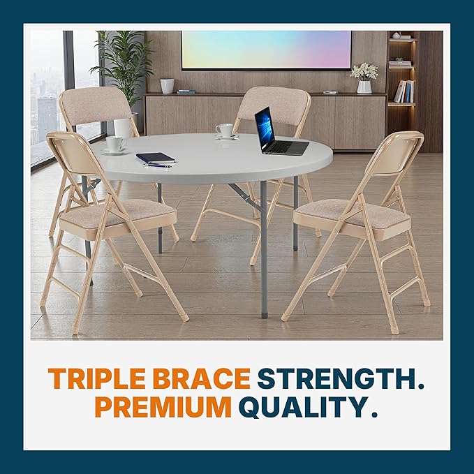 OEF Furnishings OEF2300 Series Heavy-Duty Premium Fabric Padded Upholstery Double-Hinged Triple-Braced Folding Chairs (4-Pack, French Beige)