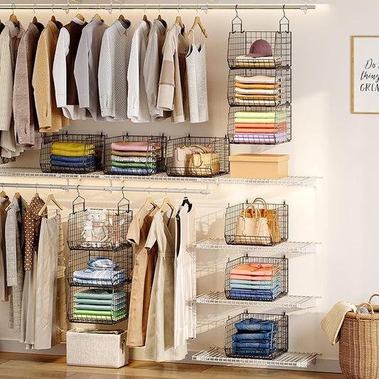 4" Extra Deeper Hanging Closet Organizers and Storage,4 Tier Foldable Wire Cabinet Shelves with 5 S Hooks,Small Metal Basket Bins for Clothes Sweaters Handbags, Wardrobe for Kitchen Laundry Room，Black