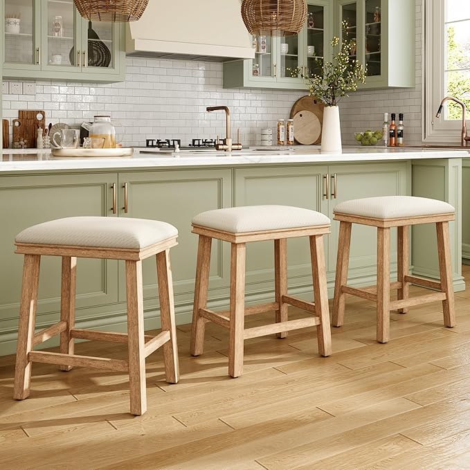 MAISON ARTS Off White Counter Height 24 inch Bar Stools Set of 3 for Kitchen Counter Solid Wood Legs with Faux Leather Padded Seat Farmhouse Barstools for 34"-38" Counter Island Upholstered Stools