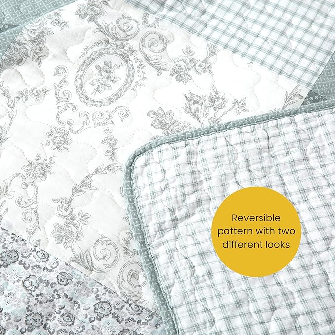 Soul & Lane Memory Lane 3-Piece Cotton Quilt Set - King Size with 2 Shams, Sage Green Patchwork Quilted Comforter, Lightweight Country Pieced Bedspread, Neutral Modern Farmhouse Bedding