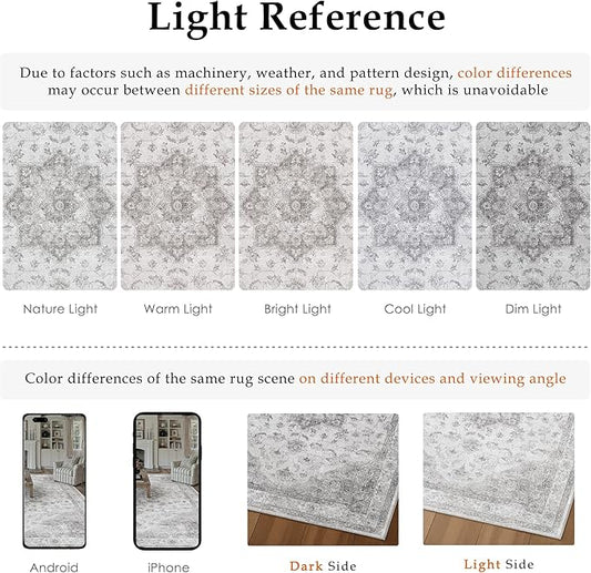 Grey Gray Area Rug 2x3 Washable Vintage Small Carpet for Entryway Kitchen Soft Retro Low Pile Thin Door Mat Non Slip Oriental Medallion Throw Rug for Bathroom Office Bedroom Dining Room