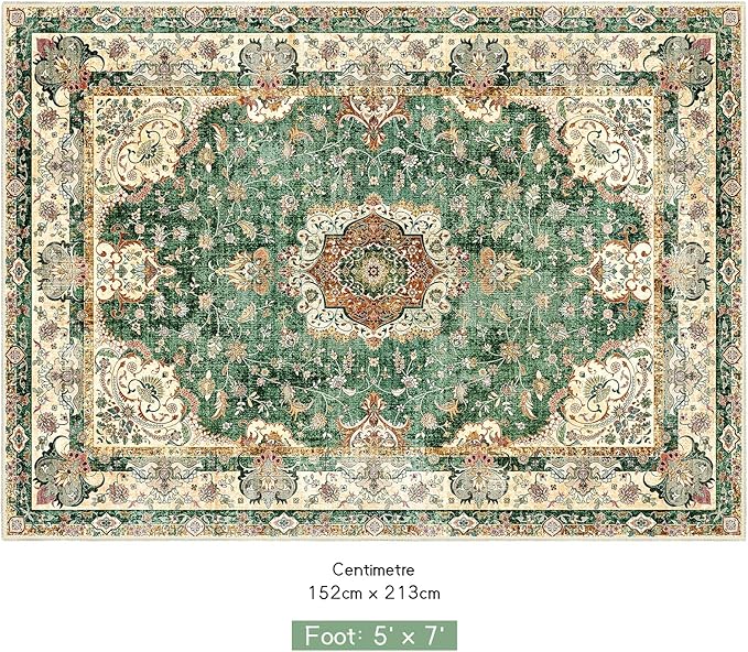 5'x7' Area Rugs Washable,Green Rug for Living Room Bedroom,Large Boho Vintage Bohemian Distressed Oriental Carpet Non Slip,Retro Sage Floral