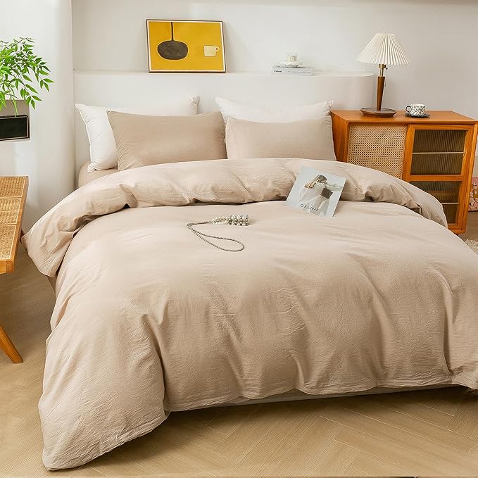 ECOCOTT 100% Washed Cotton Duvet Cover Full Size – Soft & Breathable Linen Feel Bedding Set, 3 Pieces Khaki Comforter Cover with Zipper Closure for All Seasons