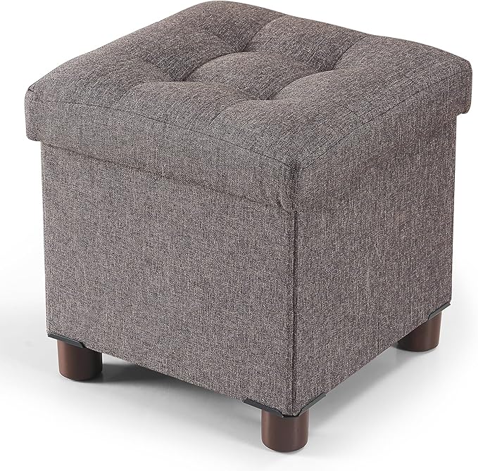 BRIAN & DANY Small Ottoman with Storage, Small Storage Ottoman, Folding Foot Stool with Wood Legs for Living Room and Bedroom Linen Rest Seat, 12.6"x12.6"x12.8" - Brown