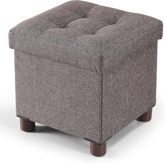 BRIAN & DANY Small Ottoman with Storage, Small Storage Ottoman, Folding Foot Stool with Wood Legs for Living Room and Bedroom Linen Rest Seat, 12.6"x12.6"x12.8" - Brown