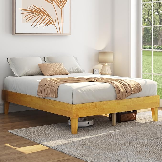 Yaheetech Queen Bed Frame Natural Solid Wood Platform Bed with Wooden Slats Support, 7.3-inch Underbed Space for Storage, Noise-Free Design, Easy Assembly, Natural Wood Finish