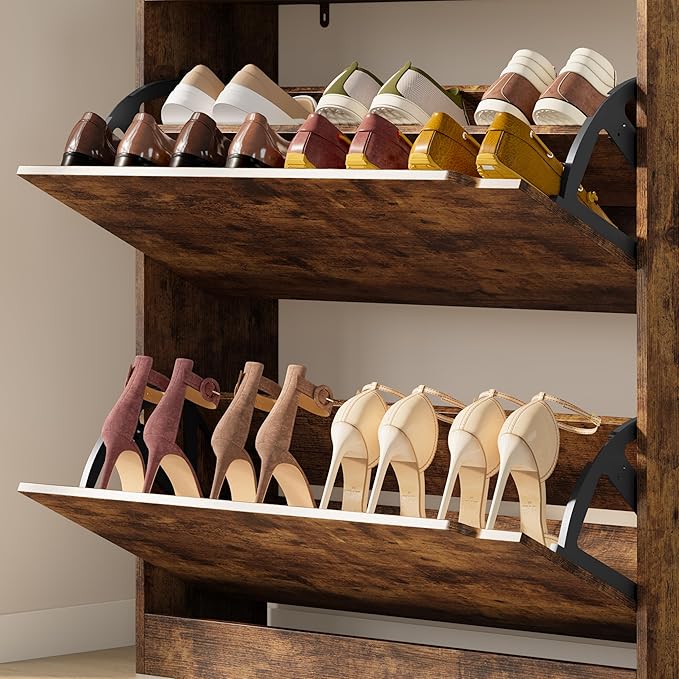 Shoe Cabinet with 2 Flip Drawers, Slim Narrow Shoe Storage Cabinet, Freestanding Shoe Organizer with Adjustable & Removable Shelves, Top Display Shelf for Entryway, Hallway, Foyer, Closet