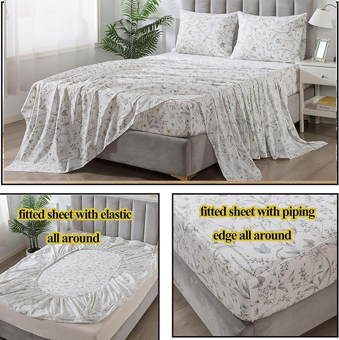 FADFAY Floral Sheets King Colorful Butterfly Bed Sheets Set Vintage Botanical Bedding Shabby Branches Leaves Bedding Collections 100% Percale Cotton Breathable Super Soft Deep Pocket 4Pcs, King Size
