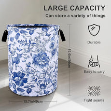 Blue Floral Laundry Basket Foldable Oxford Cloth Tote Bag Laundry Hamper Clothes Storage Bucket Organizer For Bathroom/Laundry Storage/Bedroom 19.6x15.7 Inch