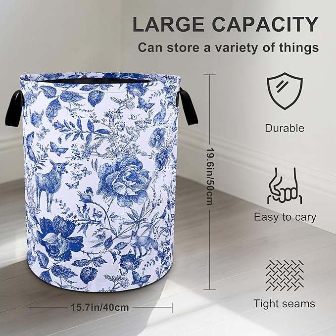 Blue Floral Laundry Basket Foldable Oxford Cloth Tote Bag Laundry Hamper Clothes Storage Bucket Organizer For Bathroom/Laundry Storage/Bedroom 19.6x15.7 Inch