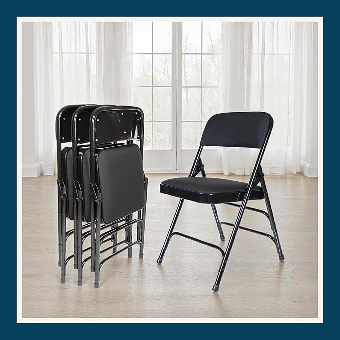 OEF Furnishings OEF2300 Series Heavy-Duty Premium Fabric Padded Upholstery Double-Hinged Triple-Braced Folding Chairs (4-Pack, Classic Black)