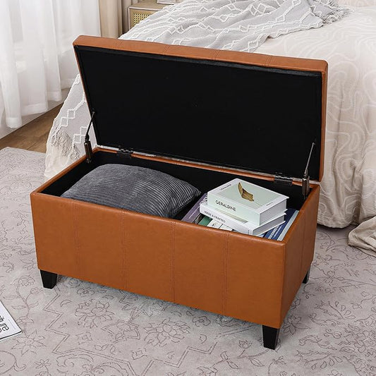 Joveco Storage Ottoman Bench, 33 Inches Faux Leather Rectangle Tufted Foot Stool for End Foot of Bed, Bedroom, Living Room, Ginger