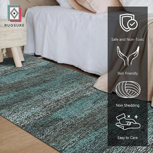 RUGSURE Washable Area Rug - 1/6 Thick - Stain & Water Resistant Non-Slip - Resistant Rug for Living Room, Bedroom, Nursery, Pet & Child Friendly, Vintage Charm Area Rugs (Green, 2'6'' x 8')