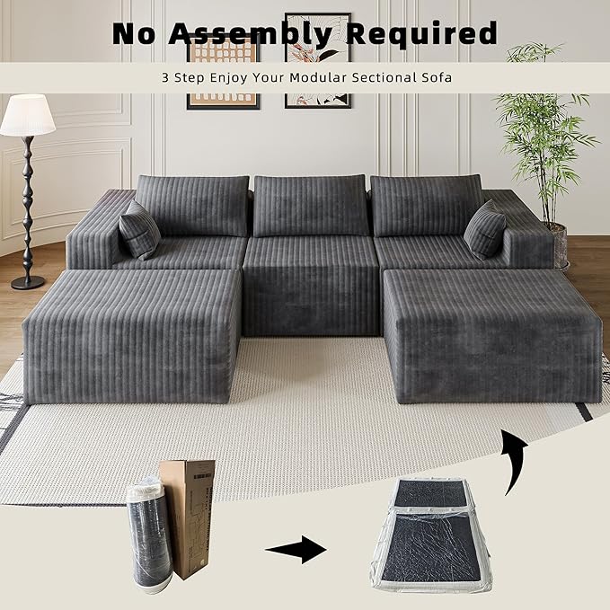 110" Cloud Couch Sectional for Living Room U-Shape Boneless Couches Modular Sectional Sofa with Deep Seat with Chaise,No Assembly Required, Carbon Gray(Plush Corduroy Fabric)