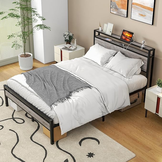 HOJINLINERO Full Size Bed Frame with Storage Headboard/USB Charging Station,Metal Platform Bed Frame Full Size No Box Spring Needed,Noise-Free,Strong Steel Slats Support,Warm Grey