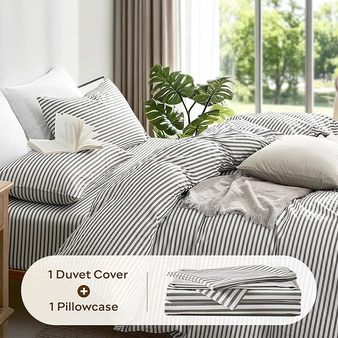 JELLYMONI Duvet Cover, 100% Natural Cotton, Printed Comforter Cover with Zipper Closure and Corner Ties (Twin 66×92 Inch, White Duvet Cover Set with Grey Stripes Pattern, 2 Pcs)