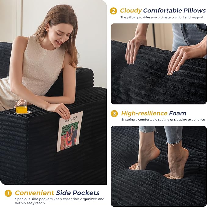 MAXYOYO 104" Modular Sectional Couch with L-Shape Chaise, Modern Boneless Couch for Living Room, Sofa in A Box, Oversized Sofa Sleeper with Deep Seat, No Assembly Required, Black