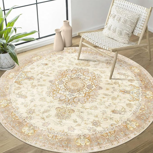 Beige Round Rug 4ft,Circle Washable Area Rugs for Bedroom Bathroom Entryway Kitchen,Small Boho Vintage Bohemian Distressed Oriental Floral Carpet Non Slip,Retro Gold Floral