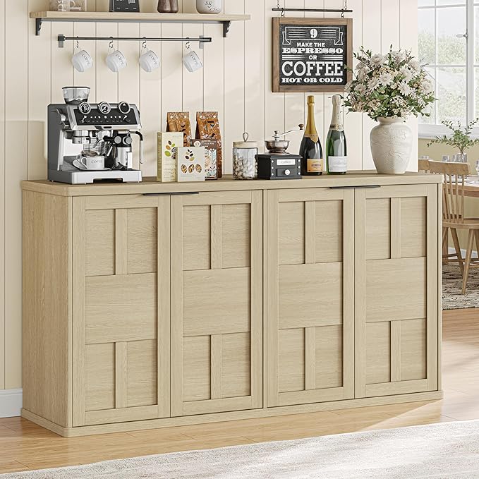 Sideboard Buffet Cabinet with Storage, 60" Modern Farmhouse Accent Cabinet with Geometric Fluted Doors & Magnetic Catch, Wood Coffee/TV Console Table Credenza for Kitchen, Living Room (Oak)