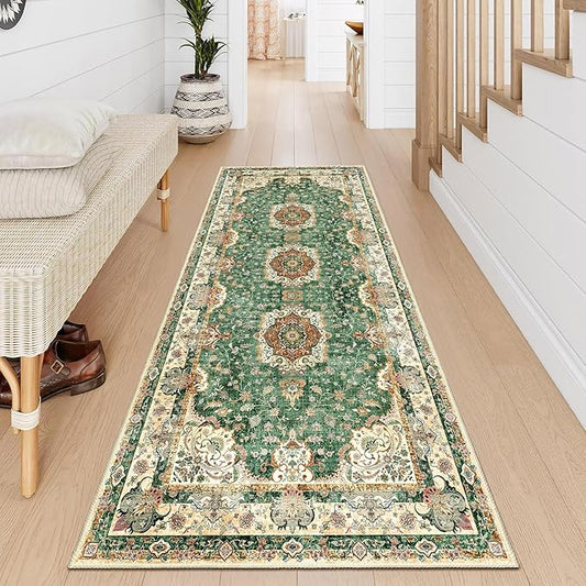 Washable Runner Rug 2'x6',Green Rug Runners Non Slip,Long Boho Rugs for Hallways Kitchen Bathroom Bedroom Entryway,Vintage Bohemian Distressed Floor Carpet,Retro Sage Floral
