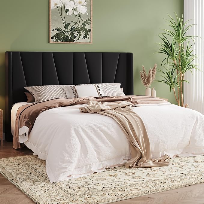 Allewie King Size Platform Velvet Bed Frame with Geometric Wingback Headboard, Boho Upholstered Bed with Wooden Slats Support, No Box Spring Needed, Easy Assembly, Black