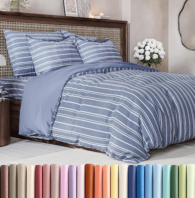 Duvet Cover Full Size Set - Extra Soft Full Size Duvet Cover 80 x 90 with 2 Pillow Shams - Hotel Luxury Easy Care and Fade Free w/Zipper Closures & Ties - Comfy Breathable Bedding Set (Blue Stripes)