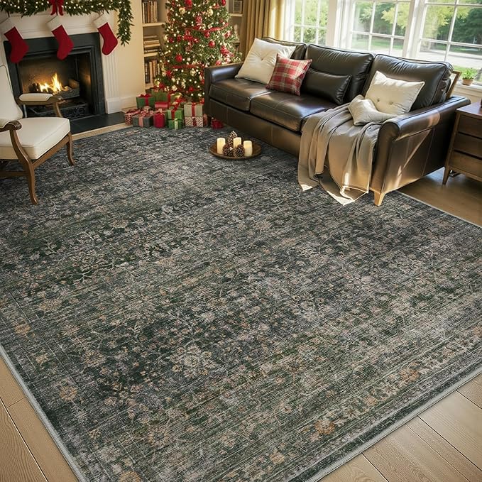 MontVoo-Vintage Area Rugs 8X10 Green Rugs for Living Room-Soft Distressed Printed Rugs for Bedroom-Non Slip Carpet-Machine Washable Rug for Dining Room Living Room Bedside Office