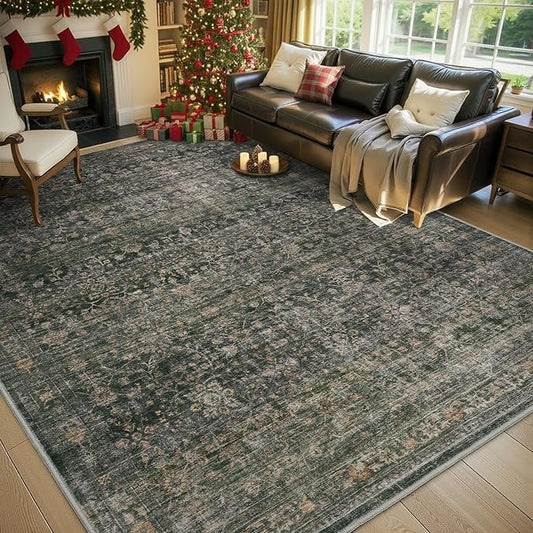 MontVoo-Vintage Area Rug 9X12 Green Rugs for Living Room-Soft Distressed Printed Rugs for Bedroom-Non Slip Carpet-Machine Washable Rug for Dining Room Living Room Bedside Office