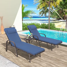Patio Chaise Lounge Set 3 Pieces Pool Lounge Chairs,Cushioned Outdoor Folding Lounge Chair w/Arm and Rattan Adjustable Backrest for Poolside Porch,Folding Table Included,NavyBlue