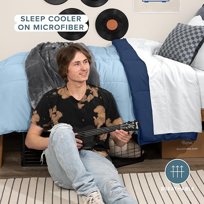Bare Home Twin/Twin Extra Long Comforter - Reversible Colors - Goose Down Alternative - Ultra-Soft - Premium 1800 Series - All Season Warmth - Bedding Comforter (Twin/Twin XL, Dark Blue/Light Blue)
