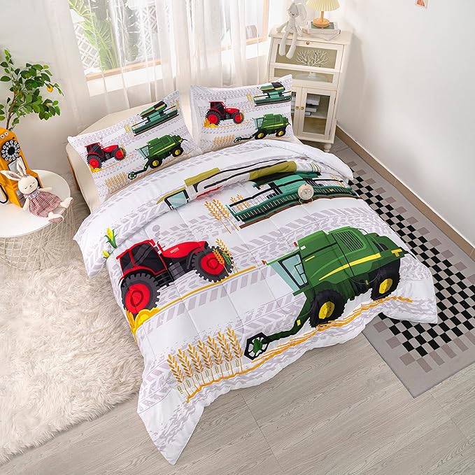 CVHOUSE Tractor Bedding Set for Boys - Excavator Comforter & Trucks Tractors Cars Quilt Set with 1 Comforter and 2 Pillow Cases - 3 Piece