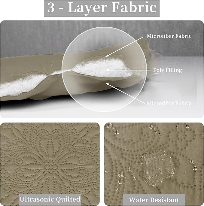 Easy-Going Full/Queen Size Reversible Quilt Set with 1 Quilt and 2 Pillow Shams, Soft Bed Quilt Cover, Water Resistant Lightweight Microfiber Bedspread, Stain Resistant, Damask-Beige/Beige