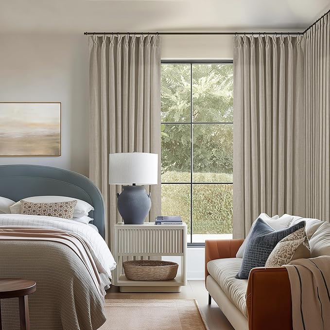 Extra Wide Curtains 60 Inch Width 84 Inches Long for Living Room Bedroom Light Filtering Semi Sheer Farmhouse Pleated Curtain Hooks Rings for Patio Sliding Door Large Window Burlywood Taupe 1 Panel