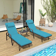 Patio Chaise Lounge Set 3 Pieces Pool Lounge Chairs,Cushioned Outdoor Folding Lounge Chair w/Arm and Rattan Adjustable Backrest for Poolside Porch,Folding Table Included,Turquoise Blue