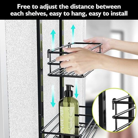 Orimade Over the Door Shower Caddy Adjustable 5 Tier Black,Bathroom Hanging Organizer Shelf Rustproof with 4 Hooks,Shower Basket with Soap Holder and Suction Cup