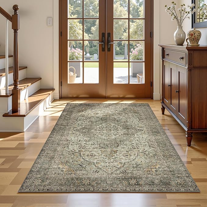 RCTJHOME 4'x6' Washable Area Rugs for Hallway, Non Slip Dining Room Rugs, Soft Low Pile Entryway Indoor Mat, Moroccan Accent Carpet for Kitchen, Living Room and Bedside, Distress Floral Forest Green