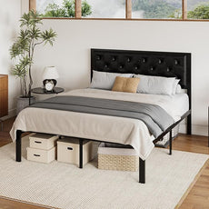 SHA CERLIN Full Size Metal Platform Bed Frame, PU Leather Upholstered Button Tufted Headboard, Mattress Foundation with 12.4” Under-Bed Storage, Noise-Free, Easy Assembly, No Box Spring Needed, Black