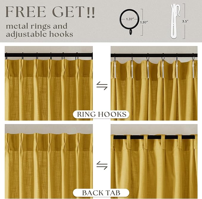 Pinch Pleated Mustard Yellow Linen Curtains 84 Inches Long 2 Panels Set for Living Room Dining Pinch Pleat Back Tab Light Filtering Farmhouse Boho Retro Window Curtain Drapes Gold Yellow Spring Decor