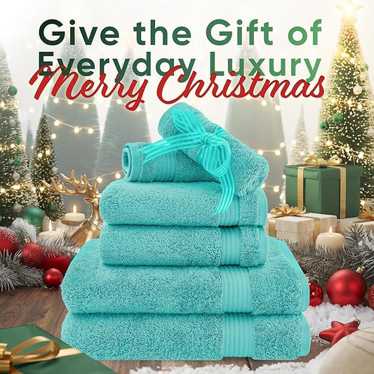 American Veteran Towel, 6 Piece Towel Set for Bathroom, 100% Cotton Turkish Bathroom Towels, 2 Bath Towels 2 Hand Towels 2 Washcloths, Turquoise Blue