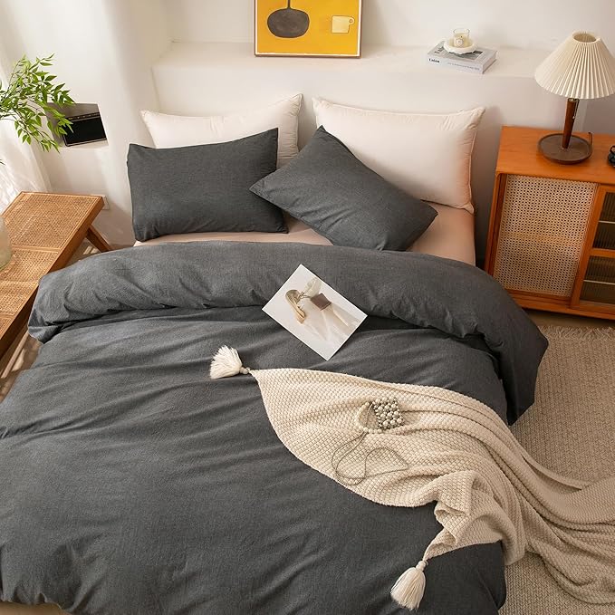 ECOCOTT Grey Duvet Cover King Size, 100% Washed Cotton 1 Duvet Cover with Zipper and 2 Pillowcases, Ultra Soft and Easy Care Breathable Cozy Simple Style Bedding Set (Dark Grey)